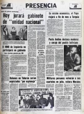 ANUNCIO DEL GOBIERNO CONSTITUCIONAL. HOY JURARÁ GABINETEDE "UNIDAD NACIONAL". (1979, 19 de noviembre). Presencia [La Paz, Bolivia], p. 1.