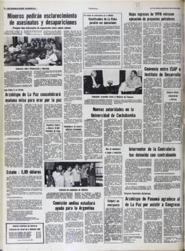 MINEROS PEDIRÁN ESCLARECIMIENTO DE ASESINATOS Y DESAPARICIONES. PROSIGUE FASE INFORMATIVA DE NEGOCIACIÓN SOBRE SALARIO MÍNIMO. (1982, 12 de mayo). Presencia [La Paz, Bolivia], p. 8.