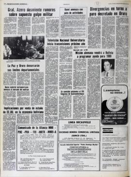 GRAL. AZERO DESMIENTE RUMORES SOBRE SUPUESTO GOLPE. (1979, 27 de octubre). Presencia [La Paz, Bolivia], p. 10.