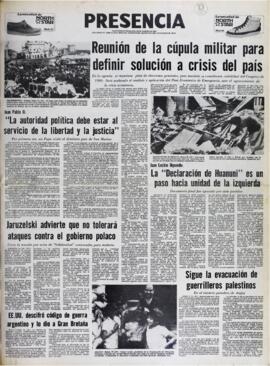 REUNIÓN DE LA CÚPULA MILITAR PARA DEFINIR SOLUCIÓN A CRISIS DEL PAÍS. (1982, 30 de agosto). Presencia [La Paz, Bolivia], p. 1.