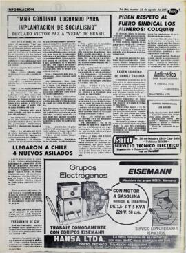 LLEGARON A CHILE 4 NUEVOS ASILADOS. (1971, 31 de agosto). Hoy [La Paz, Bolivia], p. 7.