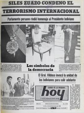 EL GRAL. VILDOSO INVOCÓ LA UNIDAD DE LOS BOLIVIANOS PARA SALIR ADELANTE. (1982, 08 de octubre). Hoy [La Paz, Bolivia], p. 1.