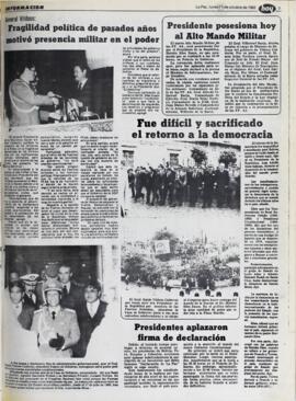 FUE DIFÍCIL Y SACRIFICADO EL RETORNO A LA DEMOCRACIA. (1982, 11 de octubre). Hoy [La Paz, Bolivia], p. 5.