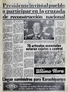 PRESIDENTE INVITO AL PUEBLO A PARTICIPAR EN LA CRUZADA DE RECONSTRUCCION NACIONAL. (1980, 07 de agosto). Ultima Hora [La Paz, Bolivia], p. 1.