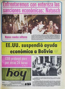 NATUSCH: ENFRENTAREMOS CON ENTEREZA LAS SANCIONES ECONOMICAS. NUEVOS MANDOS MILITARES. (1979, 03 de noviembre). Hoy [La Paz, Bolivia], p. 1.