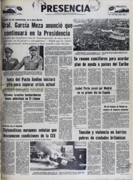 GRAL. GARCIA MEZA ANUNCIO QUE CONTINUARA EN LA PRESIDENCIA. (1981, 11 de julio). Presencia [La Paz, Bolivia], p. 1.