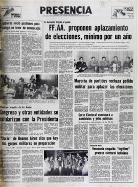PROTESTA POR ATROPELLO A LA SRA. GUEILER. CONGRESO Y OTRAS ENTIDADES SE SOLIDARIZAN CON LA PRESIDENT. (1980, 10 de junio). Presencia [La Paz, Bolivia], p. 1.