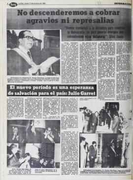 NO DESCENDEREMOS A COBRAR AGRAVIOS NI REPRESALIAS. (1982, 11 de octubre). Hoy [La Paz, Bolivia], p. 4.