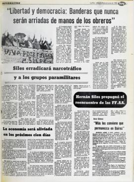 "LIBERTAD Y DEMOCRACIA: BANDERAS QUE NUNCA SERÁN ARRIADAS DE MANOS DE LOS OBREROS". (1982, 09 de octubre). Hoy [La Paz, Bolivia], p. 3.