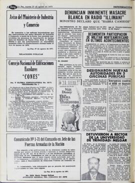 DESMIENTEN PARTICIPACION DE MILITAR NORTEAMERICANO EN ULTIMOS ACONTECIMIENTOS. (1971, 31 de agosto). Hoy [La Paz, Bolivia], p. 4.