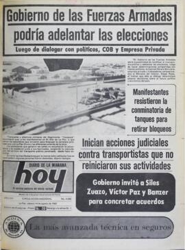 MANIFESTANTES RESISTIERON LA CONMINATORIA DE TANQUES PARA RETIRAR BLOQUEOS. (1982, 14 de agosto). Hoy [La Paz, Bolivia], p. 1.
