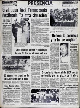 EL TRIUNVIRATO GOBERNARÁ SÓLO "POR EL TIEMPO DE 8 A 10 DÍAS". (1970, 07 de julio). Presencia [La Paz, Bolivia], p. 7.