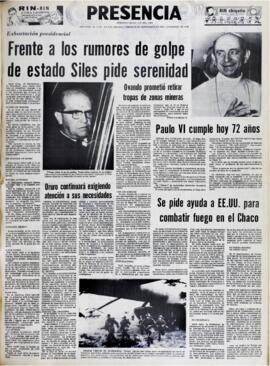 FRENTE A LOS RUMORES DE GOLPE DE ESTADO SILES PIDE SERENIDAD. (1969, 26 de septiembre). Presencia [La Paz, Bolivia], p. 1.