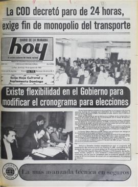 EXISTE FLEXIBILIDAD EN EL GOBIERNO PARA MODIFICAR EL CRONOGRAMA PARA ELECCIONES. (1982, 15 de agosto). Hoy [La Paz, Bolivia], p. 1.
