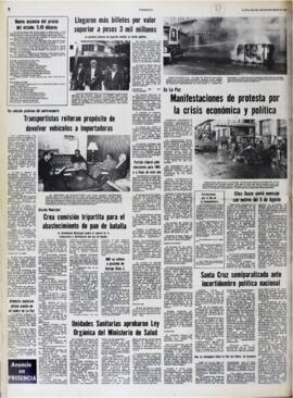 SANTA CRUZ SEMIPARALIZADA ANTE INCERTIDUMBRE POLÍTICA NACIONAL. (1982, 06 de agosto). Presencia [La Paz, Bolivia], p. 6.