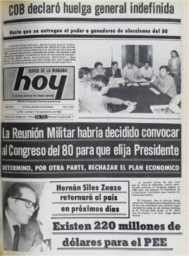 LA REUNIÓN MILITAR HABRÍA DECIDIDO CONVOCAR AL CONGRESO DEL 80 PARA QUE ELIJA PRESIDENTE. (1982, 17 de septiembre). Hoy [La Paz, Bolivia], p. 1.