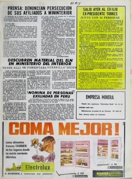 DESCUBREN MATERIAL DEL ELN EN MINISTERIO DEL INTERIOR. "DESDE ALLI SE FOMENTABA GUERRILLA", DICEN. (1971, 27 de agosto). Hoy [La Paz, Bolivia], p. 9.