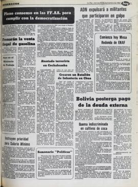 PLENO CONSENSO EN LAS FF.AA. PARA CUMPLIR CON LA DEMOCRATIZACIÓN. (1982, 24 de septiembre). Hoy [La Paz, Bolivia], p. 3.