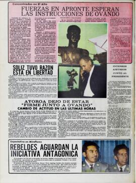 AYOROA DEJO DE ESTAR "FIRME JUNTO A OVANDO" CAMBIO DE ACTITUD EN LAS ULTIMAS HORAS. (1970, 06 de octubre). Hoy [La Paz, Bolivia], p. 12.