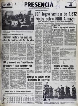 UDP LOGRÓ VENTAJA DE 1.512 VOTOS SOBRE MNR ALIANZA. (1979, 31 de julio). Presencia [La Paz, Bolivia], p. 1.