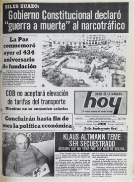 KLAUS ALTMANN TEME SER SECUESTRADO. (1982, 21 de octubre). Hoy [La Paz, Bolivia], p. 1.