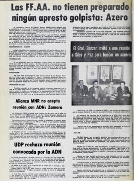 EL GRAL. BANZER INVITÓ A UNA REUNIÓN A SILES Y PAZ PARA BUSCAR UN ACUERDO. (1979, 04 de agosto). Hoy [La Paz, Bolivia], p. 16.
