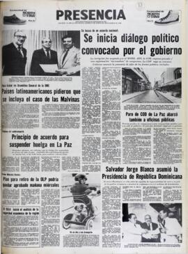 EN BUSCA DE UN ACUERDO NACIONAL. SE INICIA DIÁLOGO POLÍTICO CONVOCADO POR EL GOBIERNO. (1982, 17 de agosto). Presencia [La Paz, Bolivia], p. 1.