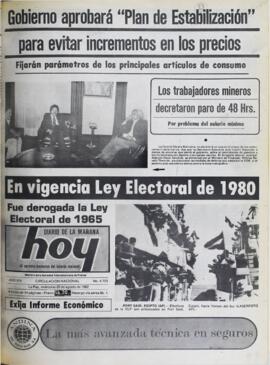GOBIERNO APROBARÁ "PLAN DE ESTABILIZACIÓN" PARA EVITAR INCREMENTOS EN LOS PRECIOS. (1982, 25 de agosto). Hoy [La Paz, Bolivia], p. 1.