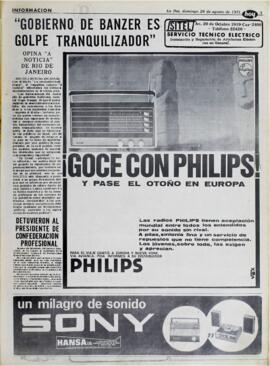 "GOBIERNO DE BANZER ES GOLPE TRANQUILIZADOR". OPINA "A NOTICIA" DE RIO DE JANEIRO. (1971, 29 de agosto). Hoy [La Paz, Bolivia], p. 7.