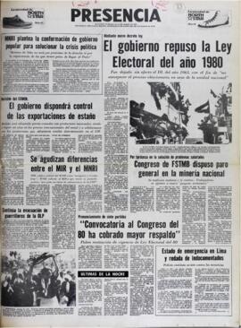 MNRI PLANTEA LA CONFORMACIÓN DE GOBIERNO POPULAR PARA SOLUCIONAR LA CRISIS POLÍTICA. (1982, 25 de agosto). Presencia [La Paz, Bolivia], p. 1.
