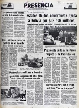 PAZ EMPLAZA A MILITARES A DEMOSTRAR QUE ESTABA COMPROMETIDO EN EL GOLPE. (1979, 24 de noviembre). Presencia [La Paz, Bolivia], p. 1.