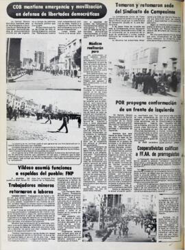COB MANTIENE EMERGENCIA Y MOVILIZACIÓN EN DEFENSA DE LIBERTADES DEMOCRÁTICAS. (1982, 22 de julio). Hoy [La Paz, Bolivia], p. 11.