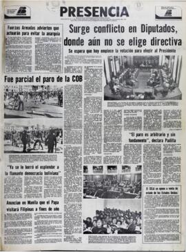 YA SE LE BORRÓ EL ESPLENDOR A LA FLAMANTE DEMOCRACIA BOLIVIANA. (1979, 03 de agosto). Presencia [La Paz, Bolivia], p. 1.