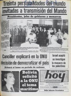 TREINTA PERSONALIDADES DEL MUNDO INVITADAS A TRANSMISIÓN DEL MANDO. (1982, 29 de septiembre). Hoy [La Paz, Bolivia], p. 1.