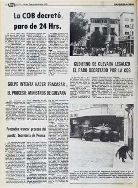 GOLPE INTENTA HACER FRACASAR EL PROCESO: MINISTROS DE GUEVARA. (1979, 02 de noviembre). Hoy [La Paz, Bolivia], p. 10.