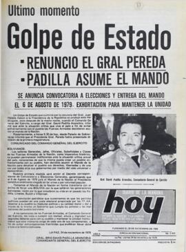 ULTIMO MOMENTO. GOLPE DE ESTADO: RENUNCIO EL GRAL PEREDA, PADILLA ASUME EL MANDO. (1978, 24 de noviembre). Hoy [La Paz, Bolivia], p. 1.