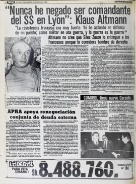 "NUNCA HE NEGADO SER COMANDANTE DEL SS EN LYON": KLAUS ALTMANN. (1982, 20 de octubre). Hoy [La Paz, Bolivia], p. 4.