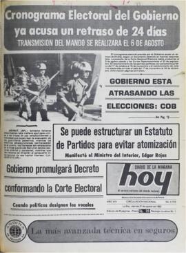 CRONOGRAMA ELECTORAL DEL GOBIERNO YA ACUSA UN RETRASO DE 24 DÍAS. (1982, 27 de agosto). Hoy [La Paz, Bolivia], p. 1.