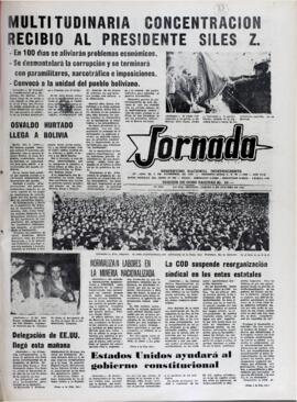 MULTITUDINARIA CONCENTRACION RECIBIO AL PRESIDENTE SILES ZUAZO. (1982, 09 de octubre). Jornada [La Paz, Bolivia], p. 1.