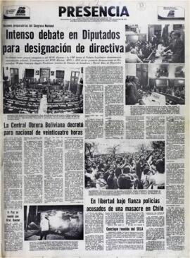 SESIONES PREPARATORIAS DEL CONGRESO NACIONAL. INTENSO DEBATE EN DIPUTADOS PARA DESIGNACIÓN DE DIRECTIVA. (1979, 02 de agosto). Presencia [La Paz, Bolivia], p. 1.