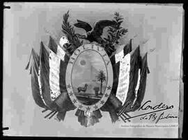 Reproducción fotográfica de una pintura del escudo nacional de Bolivia.