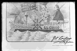 Reproducción de la caricatura de "El Cuico", acorazado de totora de la armada Boliviana en el Titicaca.