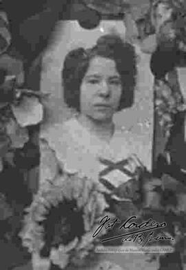 Imagen de una dama en un cuadro con adornos florales.