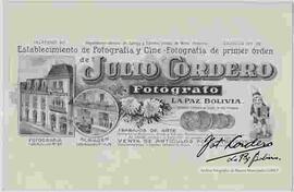 Propaganda del estudio fotográfico Cordero, con la inscripción: "Teléfono Nº, importación directa de Europa y Estados Unidos de Norte América/Casilla Nº 38. Establecimiento de fotografía y cine - fotografía de primer orden de Julio Cordero. Fotógrafo. La Paz, Bolivia. grandes premios de Sucre, La Paz y Potosí. trabajos de arte. Retratos al bromuro, velox y citrato. ampliaciones, reducciones, etc. Se atiende pedidos a domicilio en grupos y vistas en general. Venta de artículos fotográficos. Vistas fotográficas y tarjetas postales de Bolivia. Se atiende pedidos de cualquier punto de la "República".