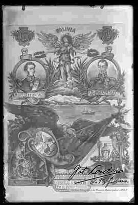 Reproducción  fotográfica de una pintura en homenaje al primer centenario de la República de Bolivia, con las imágenes de Simón Bolívar y Antonio José de Sucre