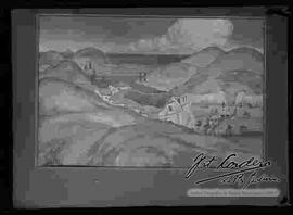 Pintura del acuarelista Crespo Castelú. Pintor boliviano: Imagen de una población entre montañas a la orilla de un lago.