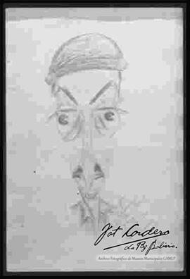 Caricatura de Julio Cordero Ordoñez con una dedicatoria que dice: "Julio conserva este recuerdo de cautiverio de tu amigo Miguel Alandia Pantoja. 16-4-34 Paraguari.