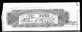Reproducción de un cupón de bono Nº 7916 del ferrocarril de Mejillones a Caracoles. M- Carvajal delegado Ad Hoc del gobierno.