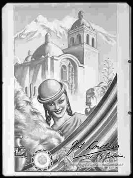 Reproducción fotográfica de una pintura a acuarela con la imagen de una chola, con el fondo de la iglesia de San Francisco, del pintor H. Salazar