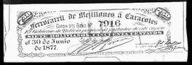 Reproducción de un cupón de bono Nº 7916 del ferrocarril de Mejillones a Caracoles. El gobierno de Bolivia pagara al portador de este cupón siete Bolivianos con cincuenta centavos el 30 de junio de 1877.